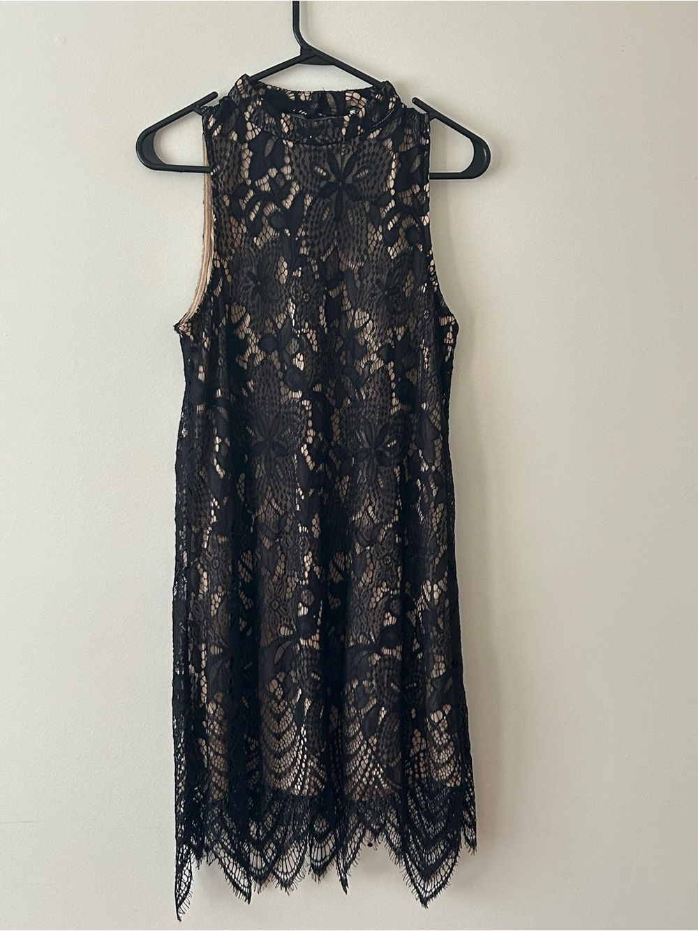 Black Lace Midi Dress with Nude Underlay
